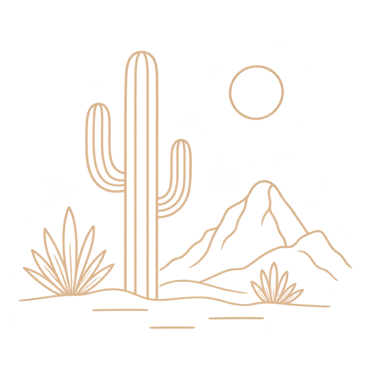 Neon desert scene with a saguaro cactus, mountain range, a desert plant, and a sunset or moon in the sky.