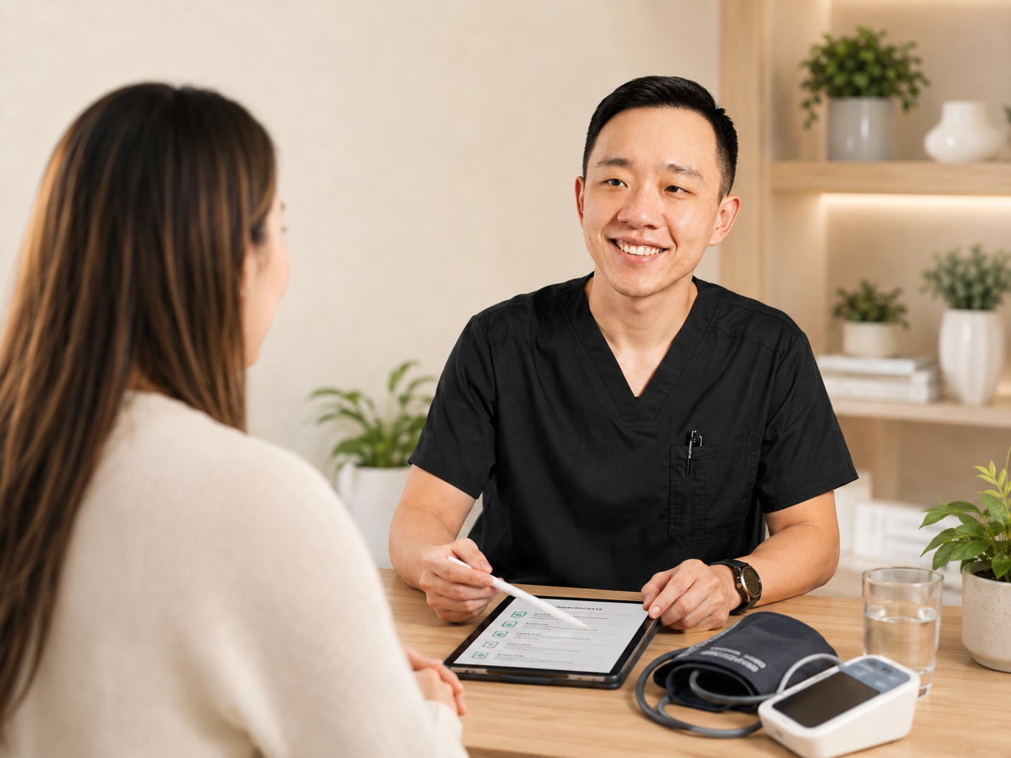 Dr. YiQiu Hu discussing nutrition, exercise, sleep, and healthy lifestyle planning with a patient in Arizona