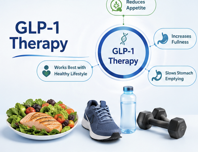 Diagram explaining GLP-1 therapy benefits including reduced appetite, increased fullness, and slowed stomach emptying, with images of a healthy salad, athletic shoes, water bottle, and dumbbells.