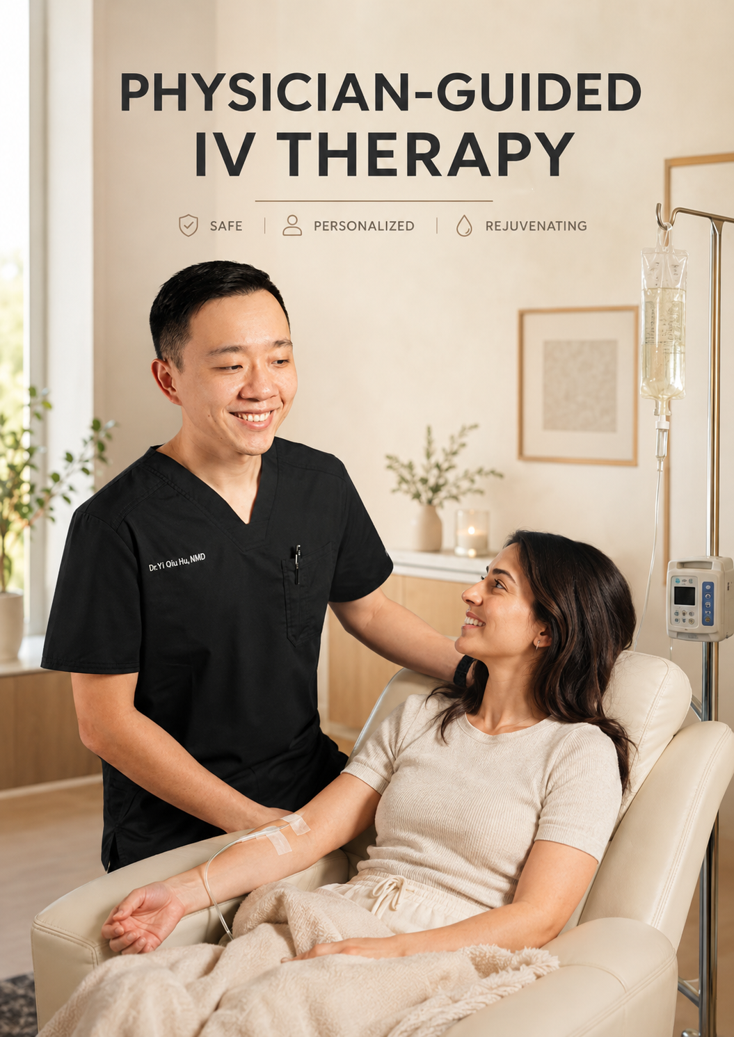 Dr. YiQiu Hu monitoring a patient receiving personalized IV therapy