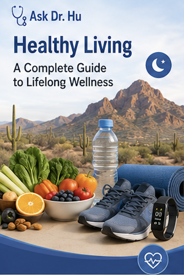 Cover of a health guide titled 'Healthy Living: A Complete Guide to Lifelong Wellness' by Dr. Hu. The cover features a desert landscape with mountains, cacti, and a clear sky. In the foreground, there are healthy foods like vegetables, fruits, and nuts, along with a water bottle, blue yoga mat, athletic shoes, and a fitness tracker.