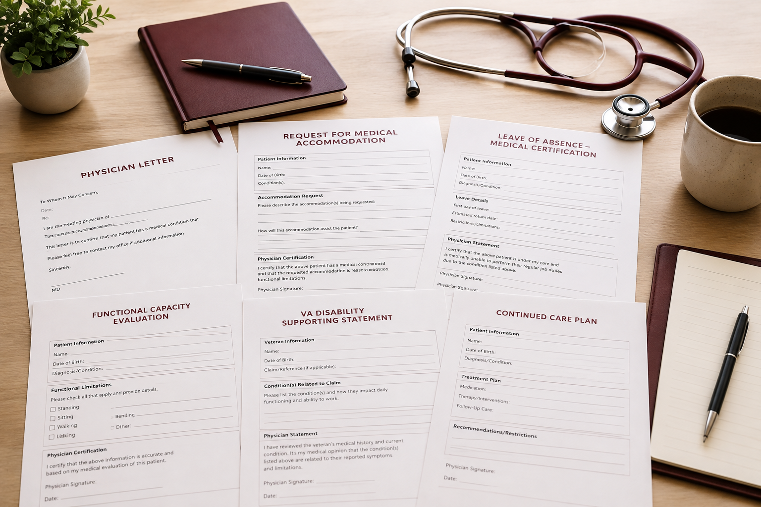 Organized medical forms representing physician letters and documentation requests