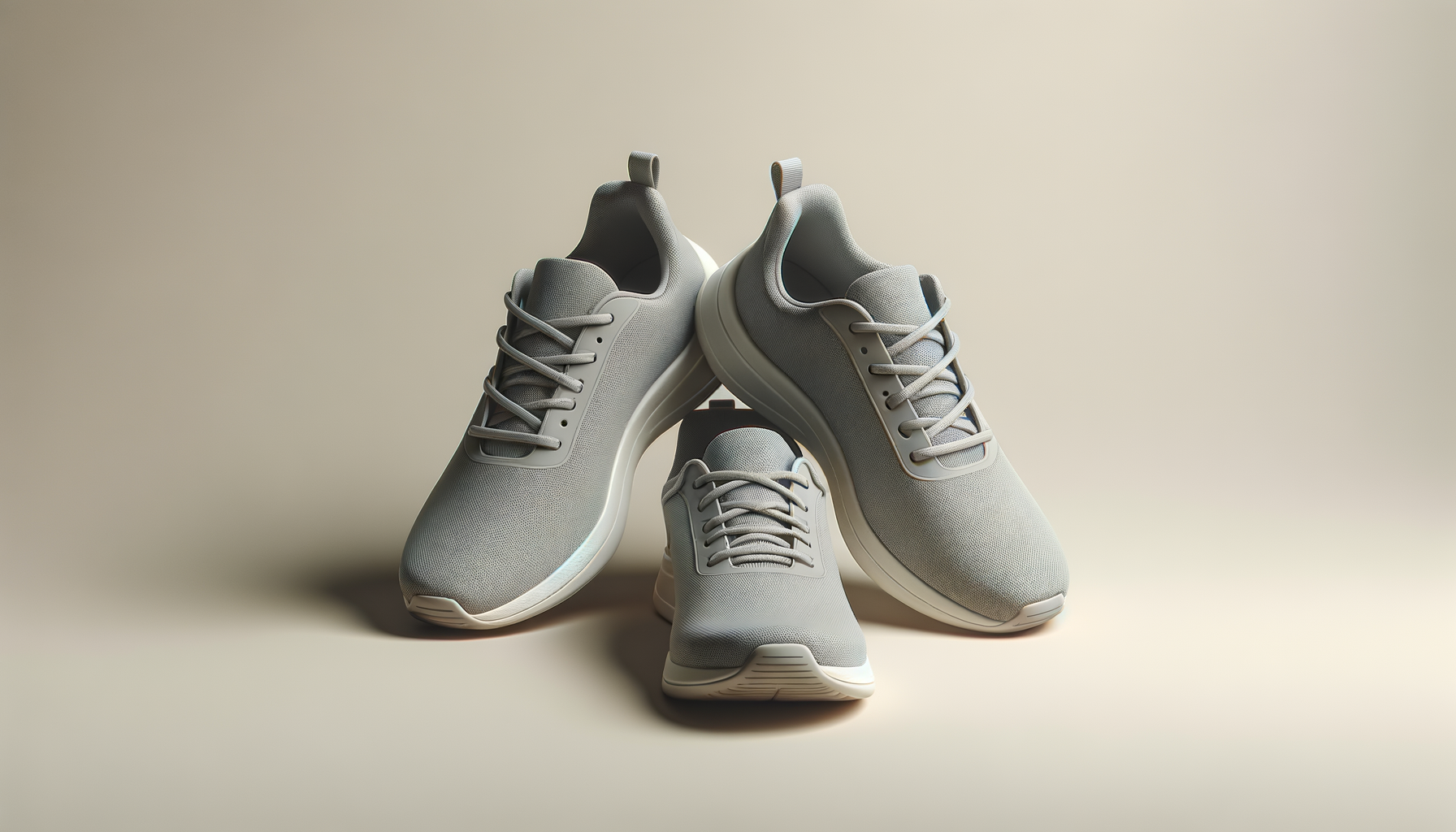 Three gray athletic shoes with white soles arranged in a triangle on a beige background.