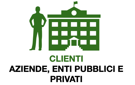 Grafico verde con silhouette di una persona davanti a un edificio che rappresenta un'istituzione pubblica o privata, con la scritta "CLIENTI" e sottotitoli "AZIENDE, ENTI PUBBLICI E PRIVATI".