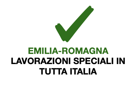 Segno di spunta verde sopra il testo "Emilia-Romagna Lavorazioni Speciali in Tutta Italia" in nero, con la parola "Emilia-Romagna" in verde.
