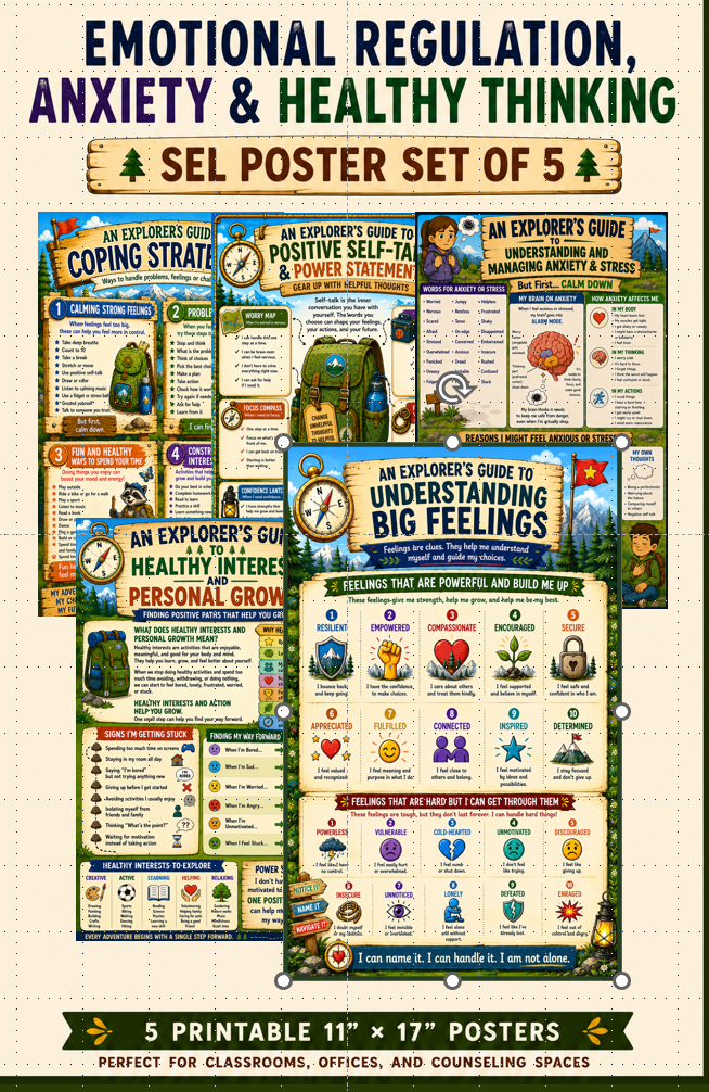 Emotional Regulation, Anxiety & Healthy Thinking Poster Set of 5