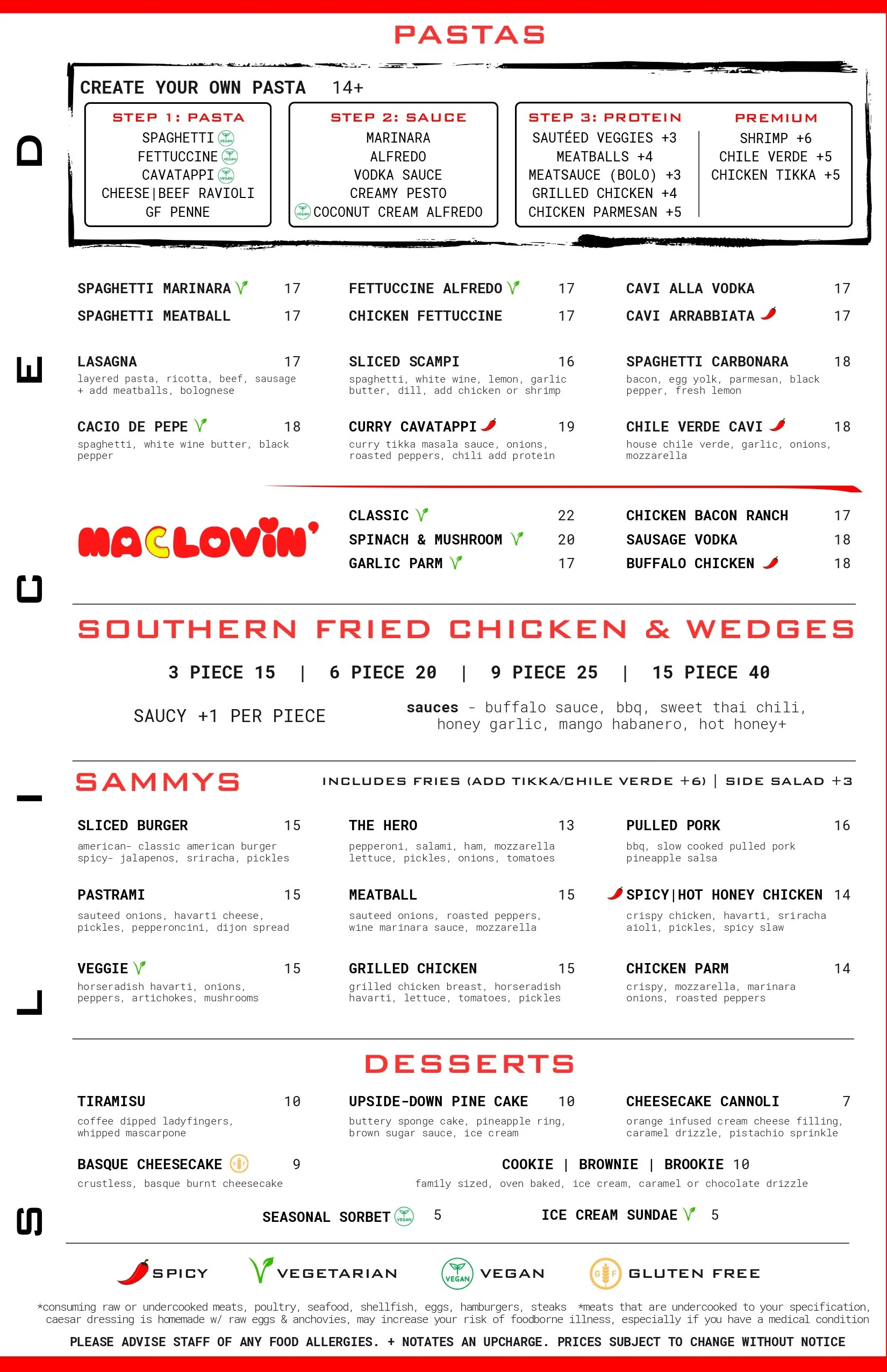Menu for a restaurant called MacLovin' featuring pasta, southern fried chicken, and desserts, with options for different sauces, proteins, and dietary preferences such as vegetarian, vegan, gluten-free.