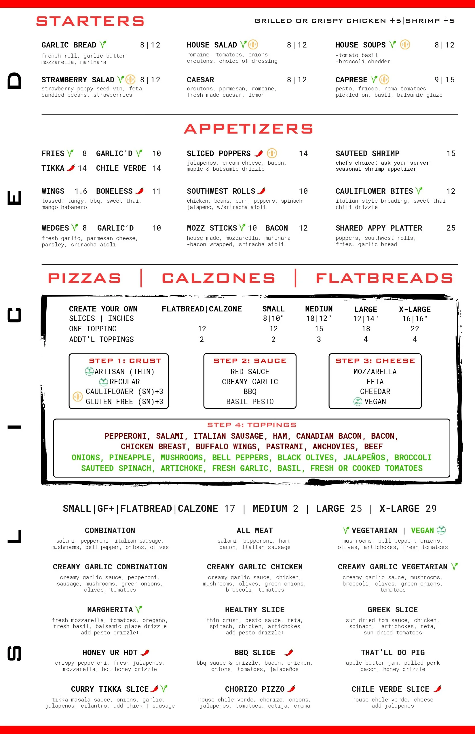 Restaurant menu featuring starters, appetizers, pizzas, calzones, and flatbreads with various ingredient options and prices.