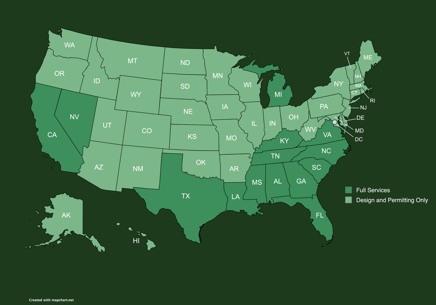 Map of the United States showing the states where H Scott Consulting manages EV charging and public safety infrastructure deployments
