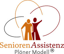 Symbolbild für Senioren-Assistenz mit zwei stilisierten Menschen, eines älter, und herzförmigen Linien