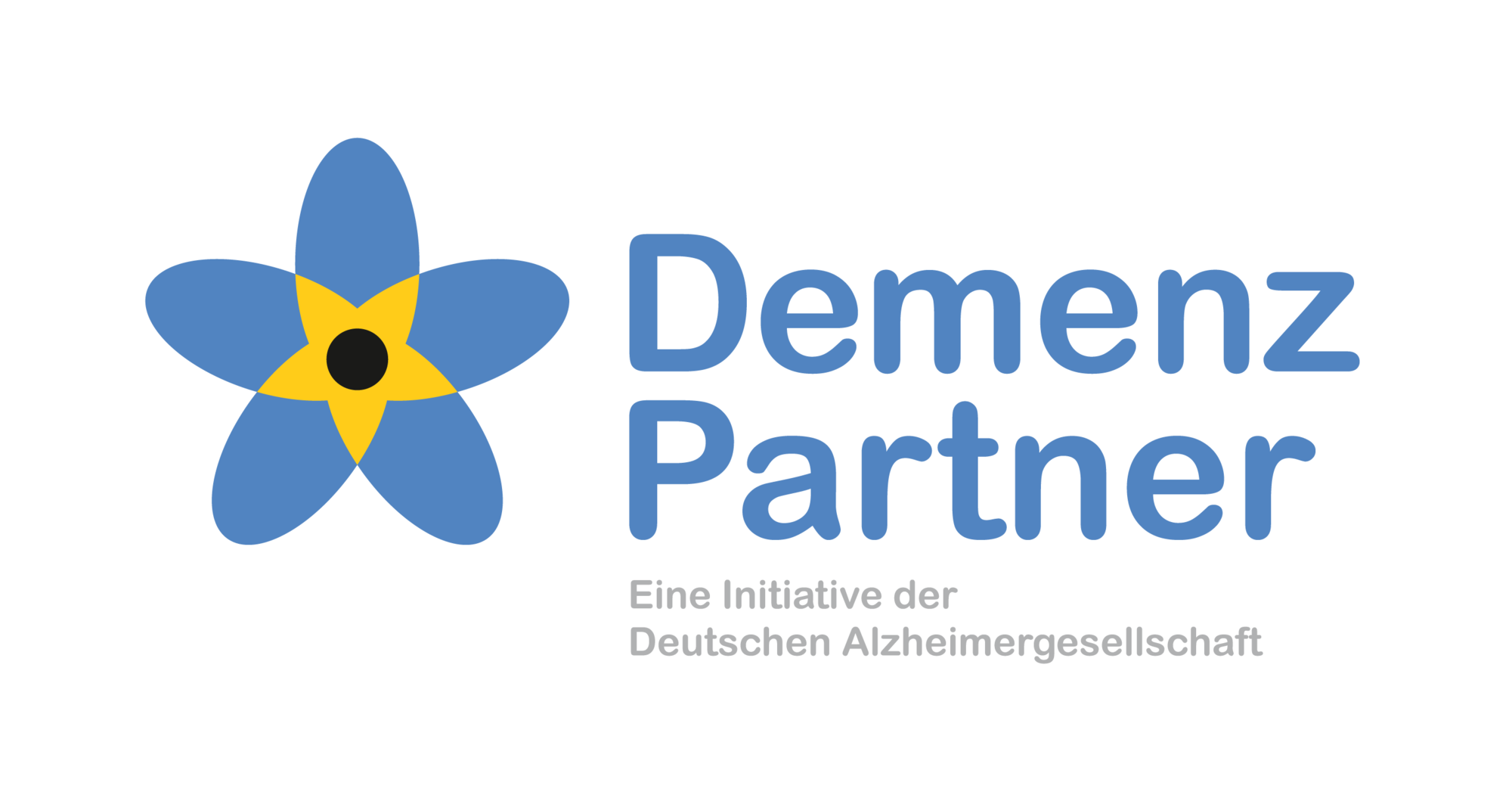Logo mit blauer Blume und schwarzem Mittelpunkt, neben dem Text 'DemenZ Partner' in blauer Schrift, darunter kleiner grau geschrieben: 'Eine Initiative der Deutschen Alzheimer Gesellschaft'.