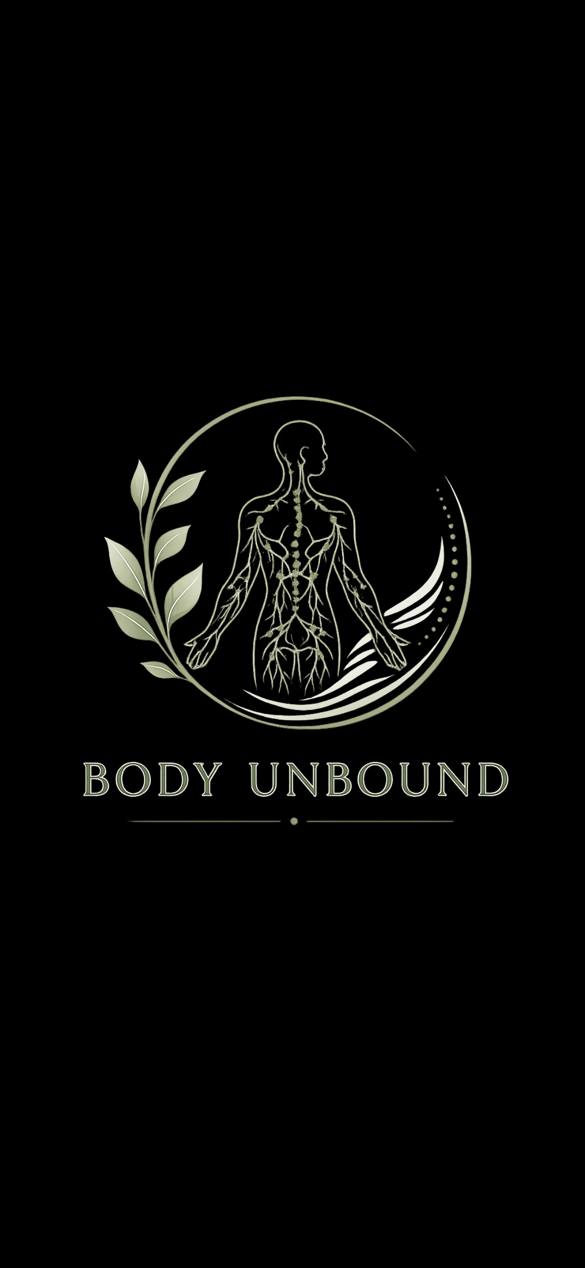 Logo for 'Body Unbound' featuring a person with visible nervous system and lymphatic system, surrounded by a laurel branch and abstract lines on a black background.
