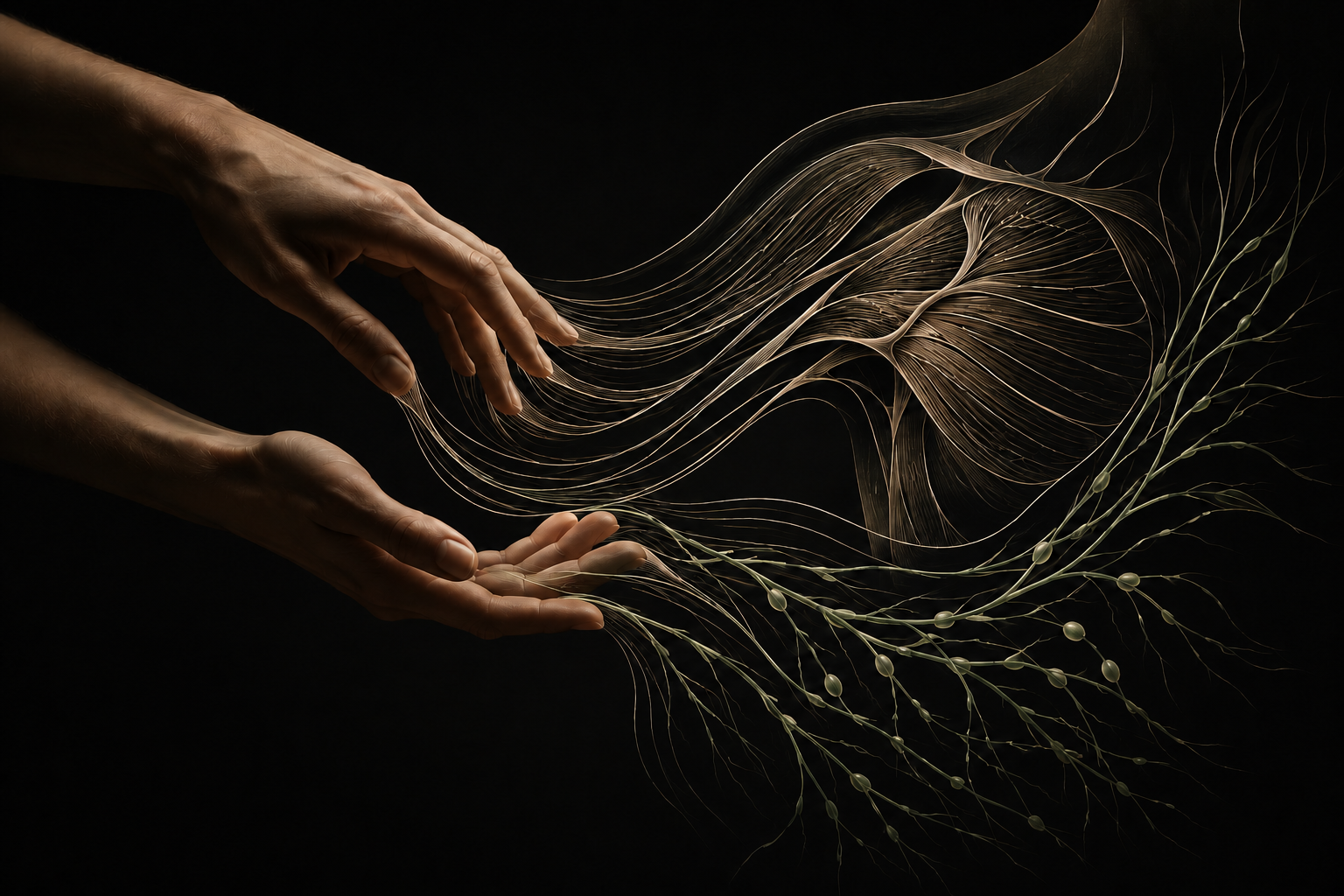 Hands reaching out towards delicate, web-like structures resembling neurons or nerve fibers against a black background.
