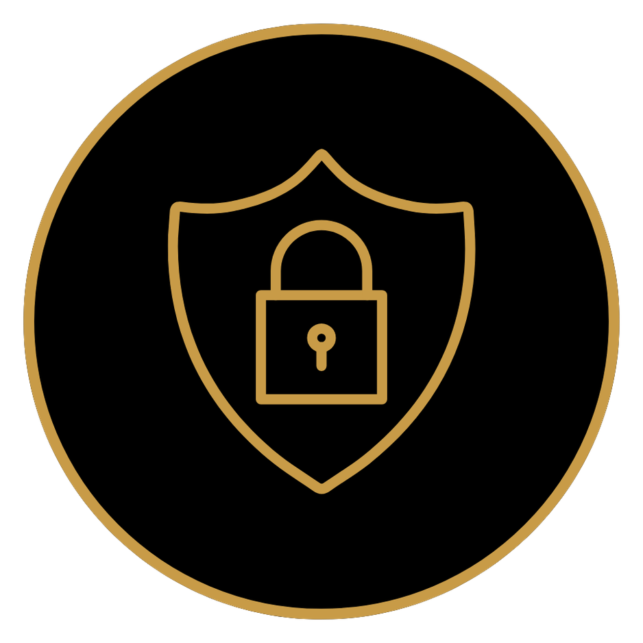 Gold outline of a shield with a padlock symbol in the center, on a black circular background with a gold border.