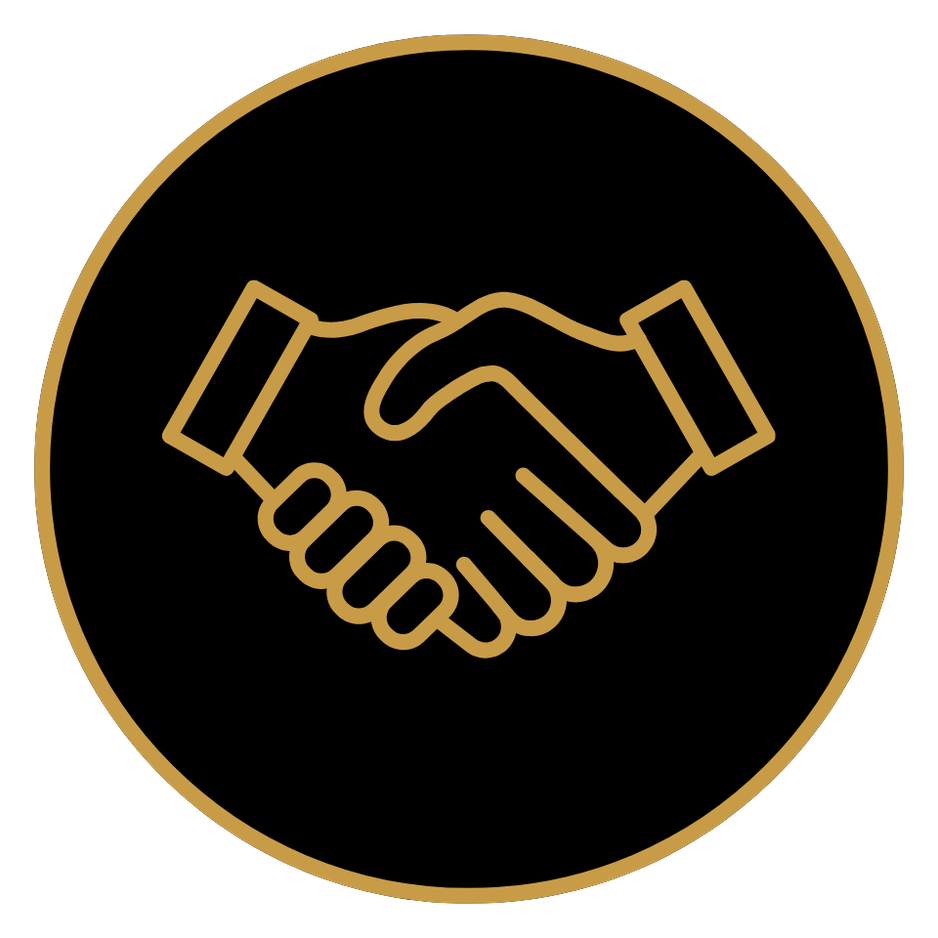 Gold outline of a handshake inside a black circle.