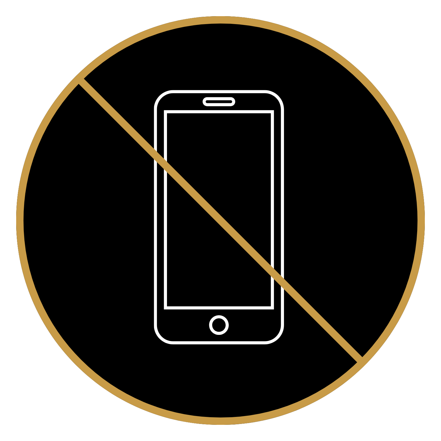 A black background with a gold circle and a diagonal line crossing out a white outline of a smartphone.