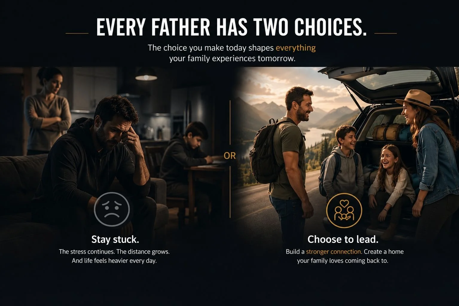A split image comparing two scenarios: on the left, a sad man sitting inside a dark room representing staying stuck in stress and distance; on the right, a happy man outdoors with a family near an open car trunk symbolizing choosing to lead and build stronger family connections.