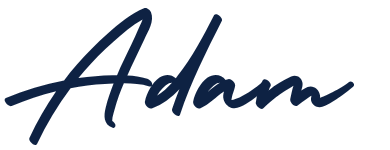 Stylized signature or logo reading 'Adam' in dark blue script.