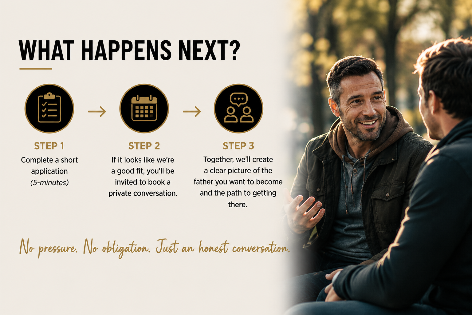 A promotional image featuring a three-step process for creating a connection, with text and icons on the left side and two men talking outdoors on the right, smiling and engaging in a conversation.