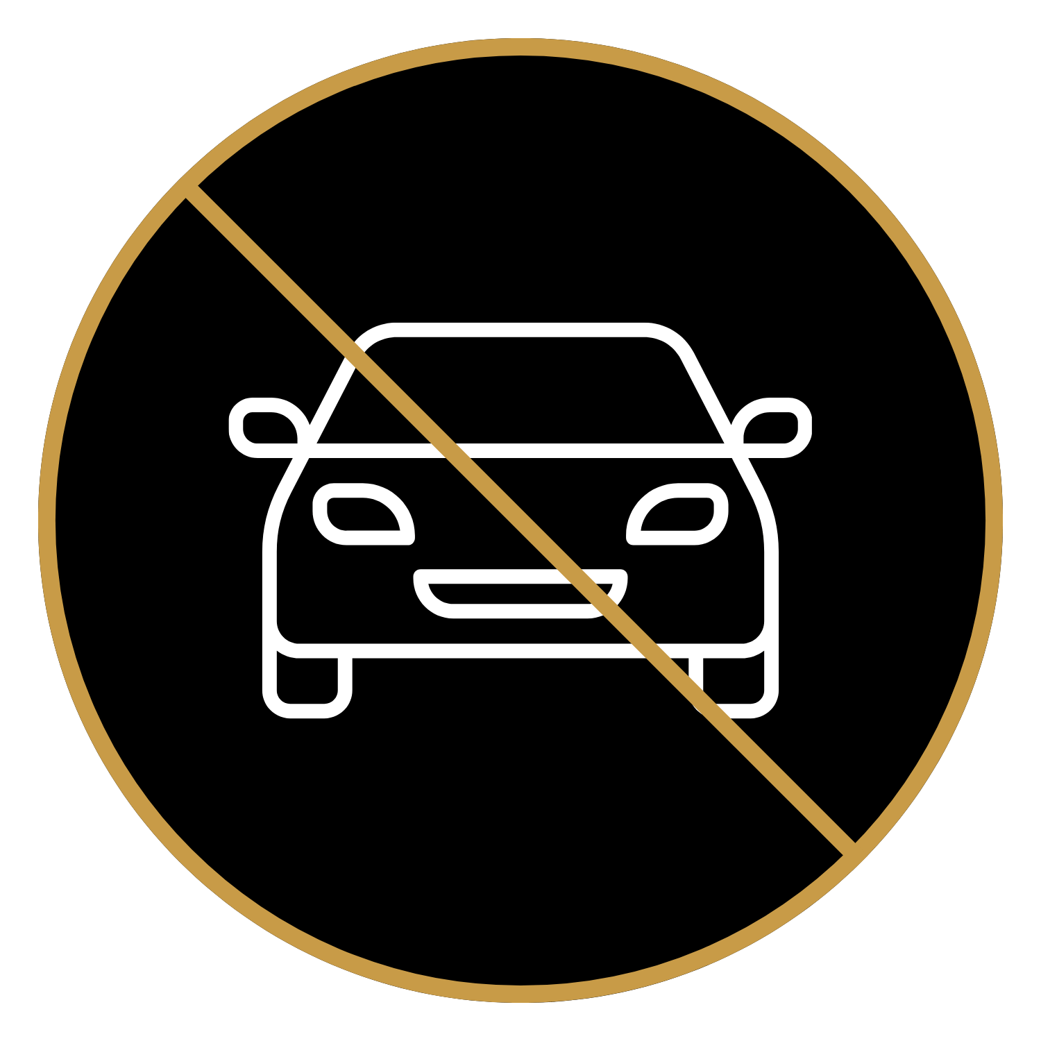Black circular sign with a white outline of a car, crossed out with a brown diagonal line, indicating no cars allowed.