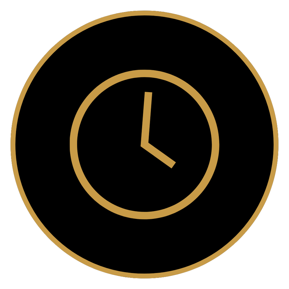 Black and gold clock with a circular border and minimalistic design.