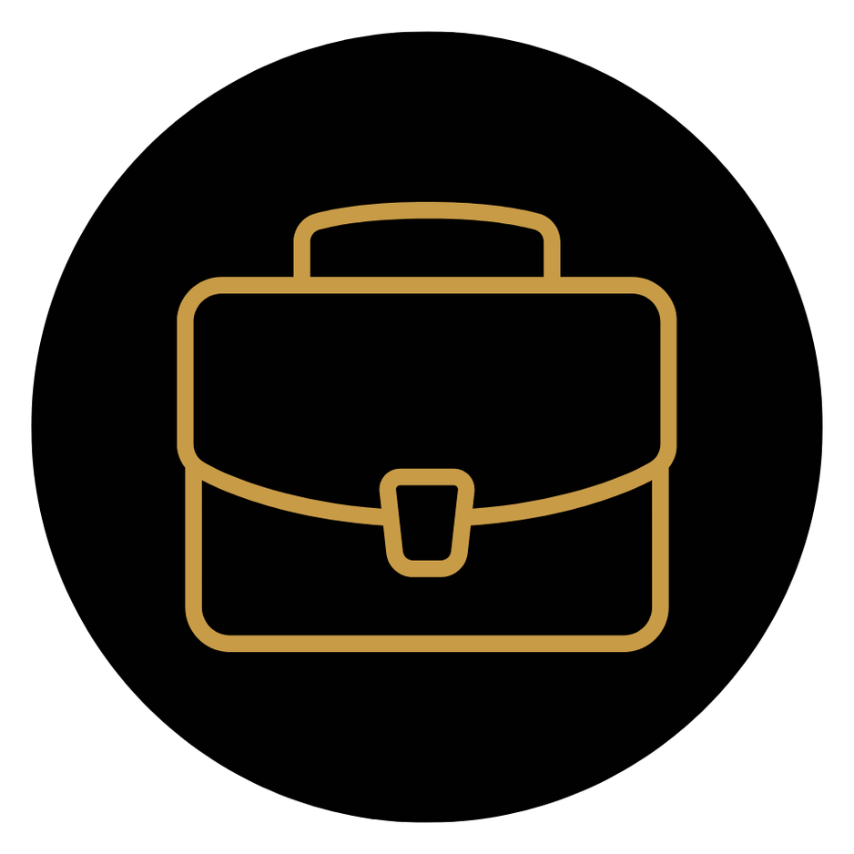 Line drawing of a briefcase in gold color on a black circular background.