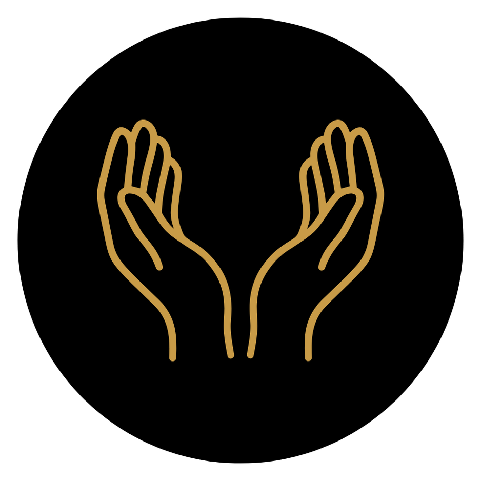 Two gold outline hands cupped together against a black background.