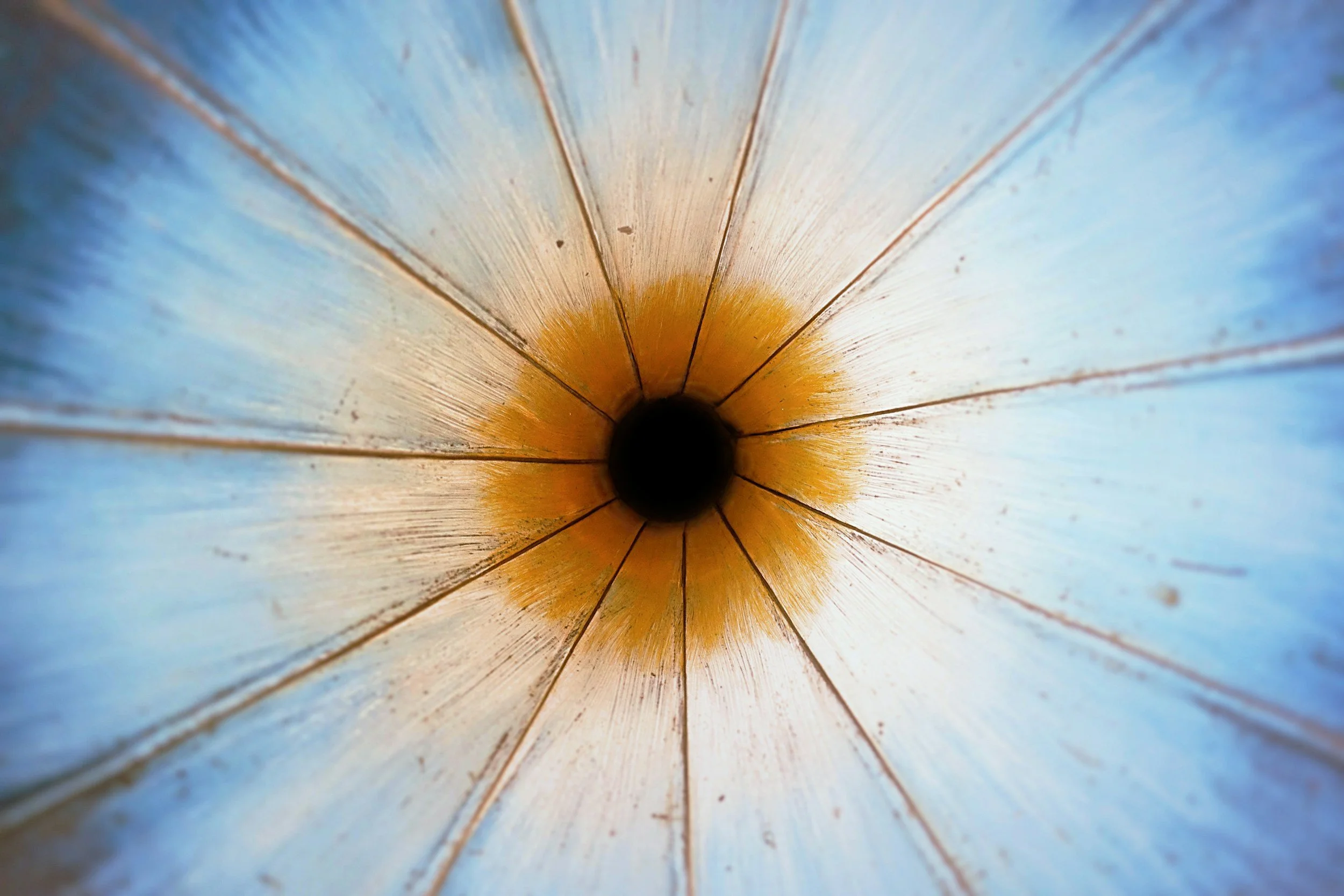 Close-up view of a wooden object with a dark central hole, showing the wear and grain of the wood with a faded blue paint edge.