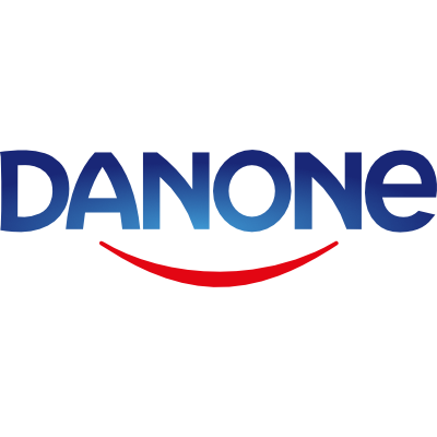 Logo with the text 'DANONE' in blue, with a red underline.