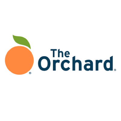 Logo of The Orchard featuring an orange with a green leaf and the company name in blue text.