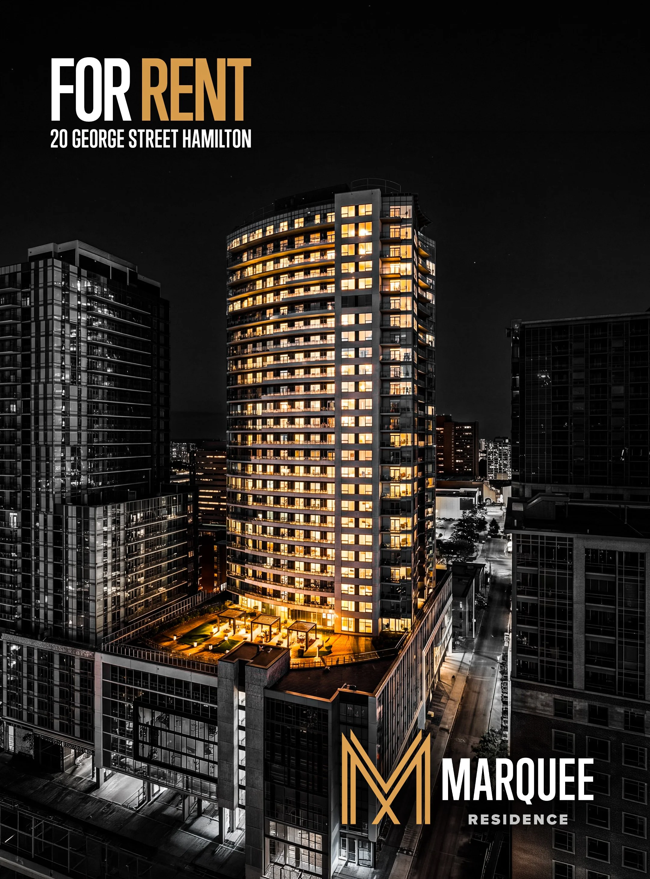 Nighttime cityscape with illuminated modern high-rise buildings, focus on a round building with lit balconies at 20 George Street. Overlay text advertising Marquee Residence for rent.