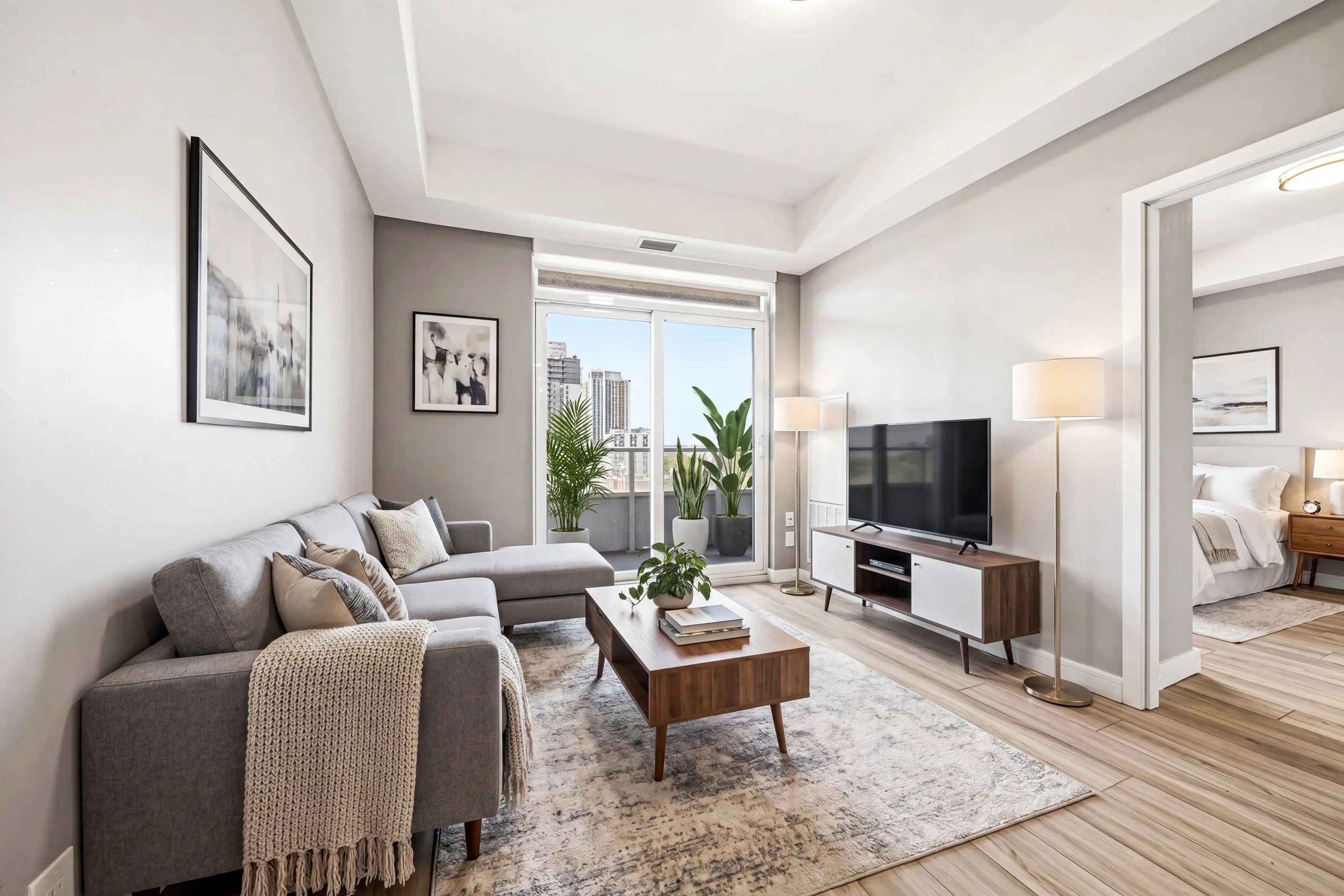 Living room with a gray sofa adorned with neutral pillows, a wooden coffee table, a patterned rug, and floor-to-ceiling windows showing a city view. Decor includes black and white artwork, green plants, a flat-screen TV on a wooden stand, and a tall 