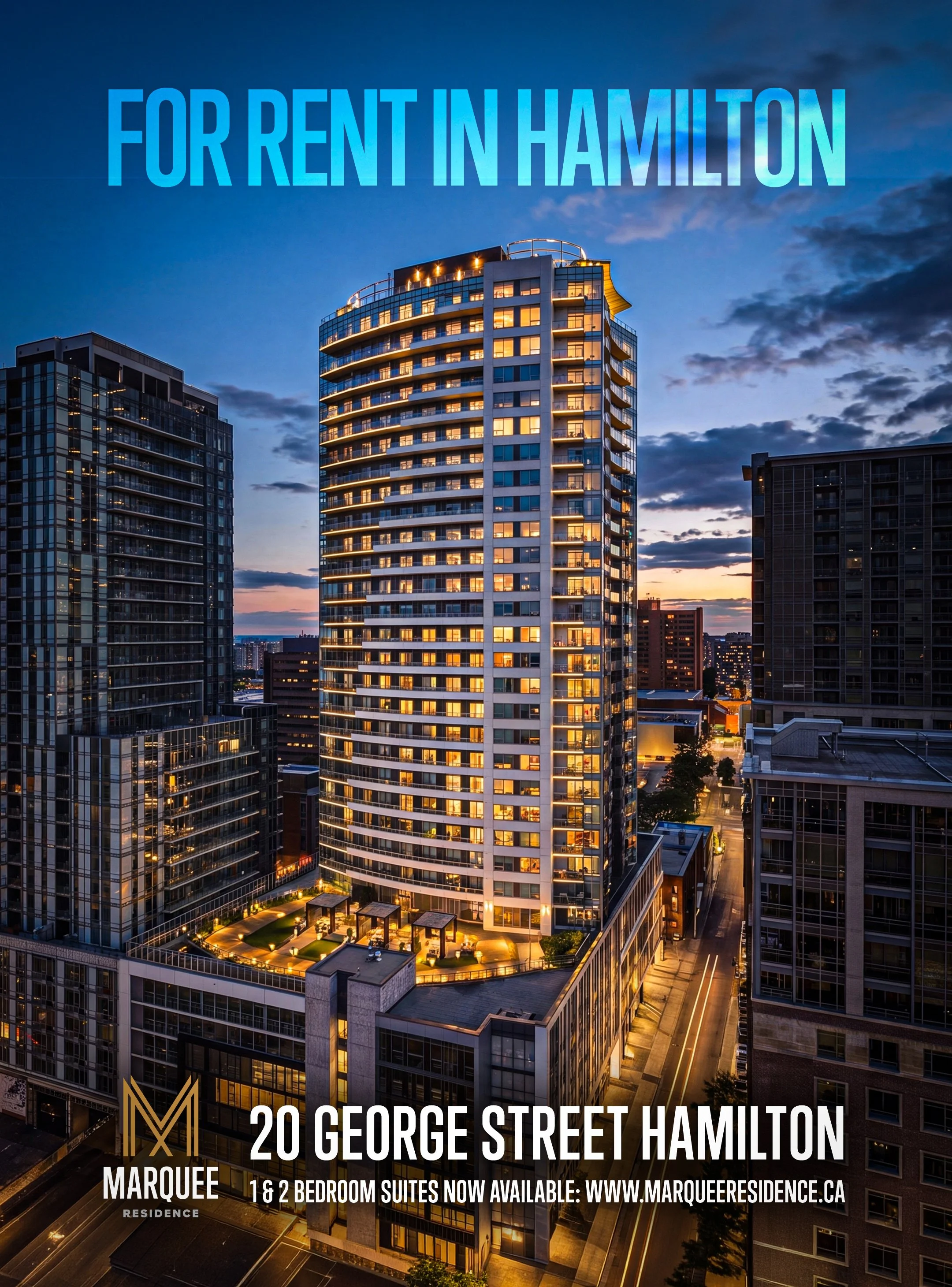 A cityscape view of modern high-rise buildings at dusk with illuminated windows and a cloudy sky in the background. The image contains overlaid text advertising a rental property at 20 George Street, Hamilton, featuring one and two-bedroom suites ava