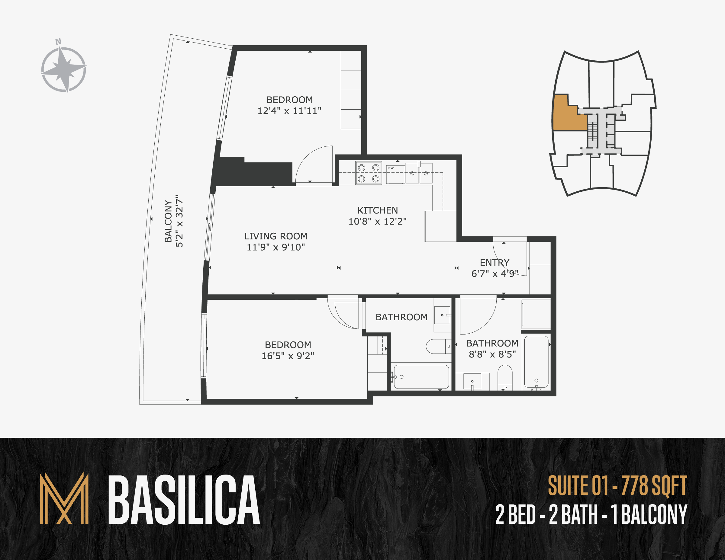 Floor plan of an apartment with a bedroom, living room, kitchen, two bathrooms, and a balcony. There is a mini map showing the apartment's location in the building. The apartment is labeled as Suite 01 with 778 sqft, featuring 2 bedrooms and 2 bathro
