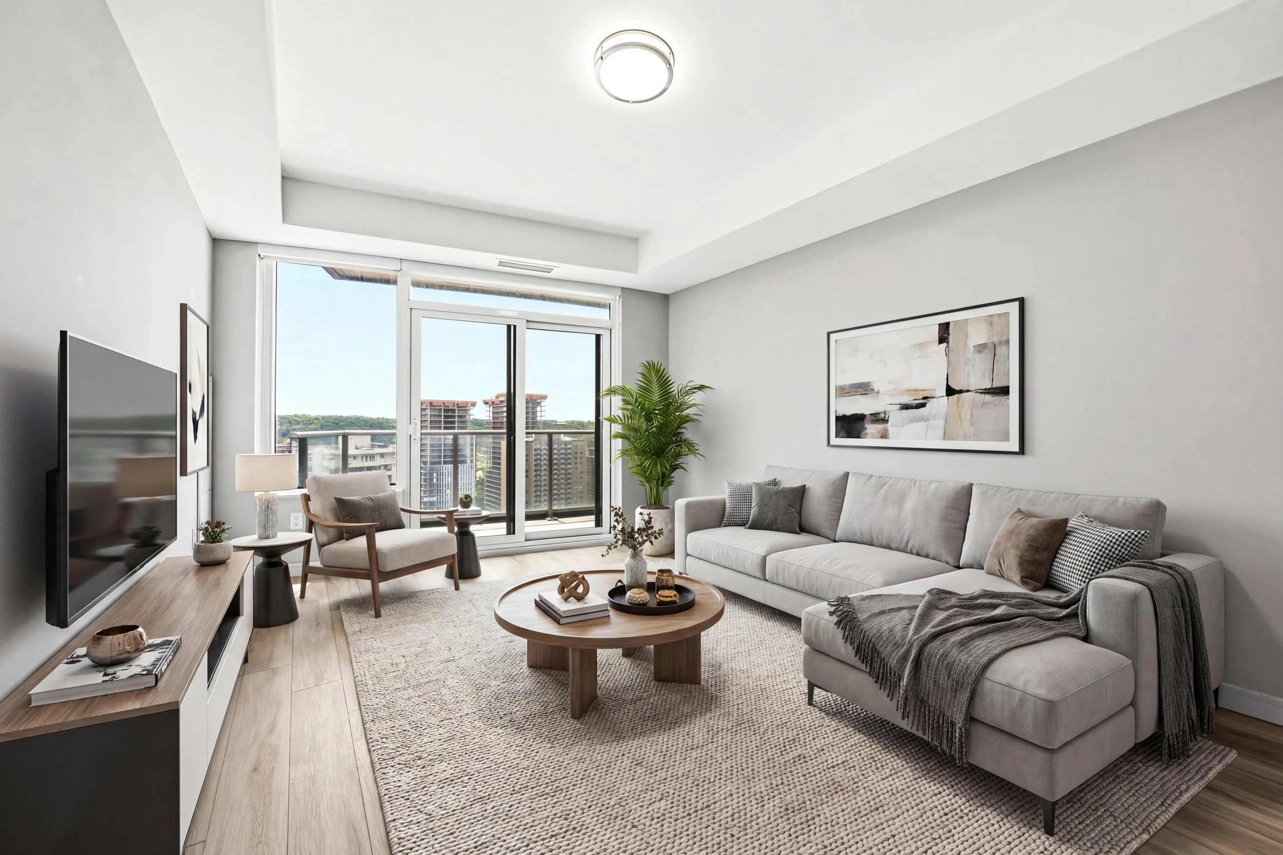 Living room with beige sectional sofa, gray throw blanket, large abstract artwork, potted plant, round wooden coffee table, armchair, TV on console, large window with city view, ceiling light, light wood flooring, and neutral decor.
