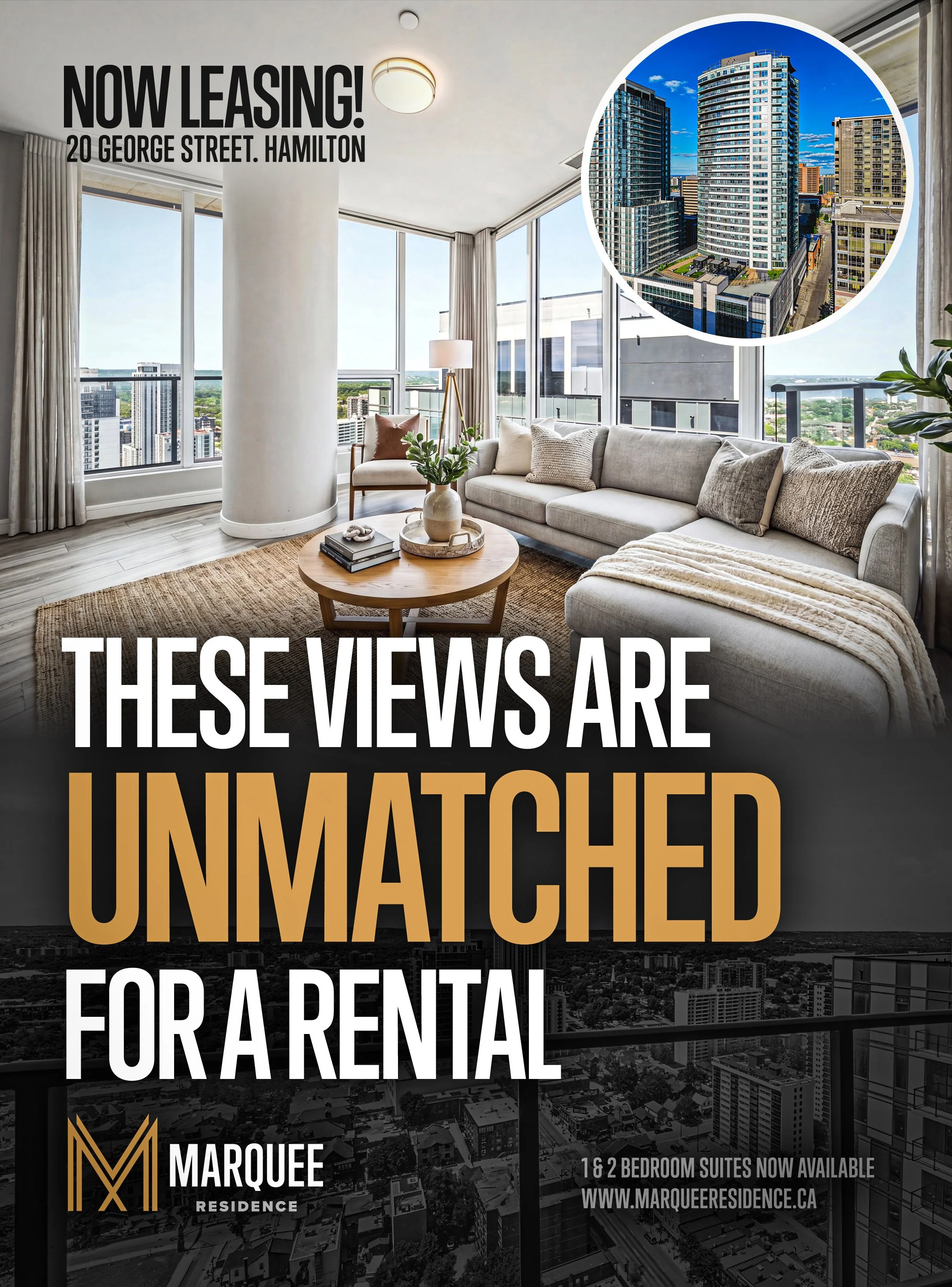 Interior view of a modern apartment living room with large windows, a gray sectional sofa with pillows, a round wooden coffee table with books and a plant, and a city skyline visible outside. An inset of high-rise buildings in a cityscape is shown in