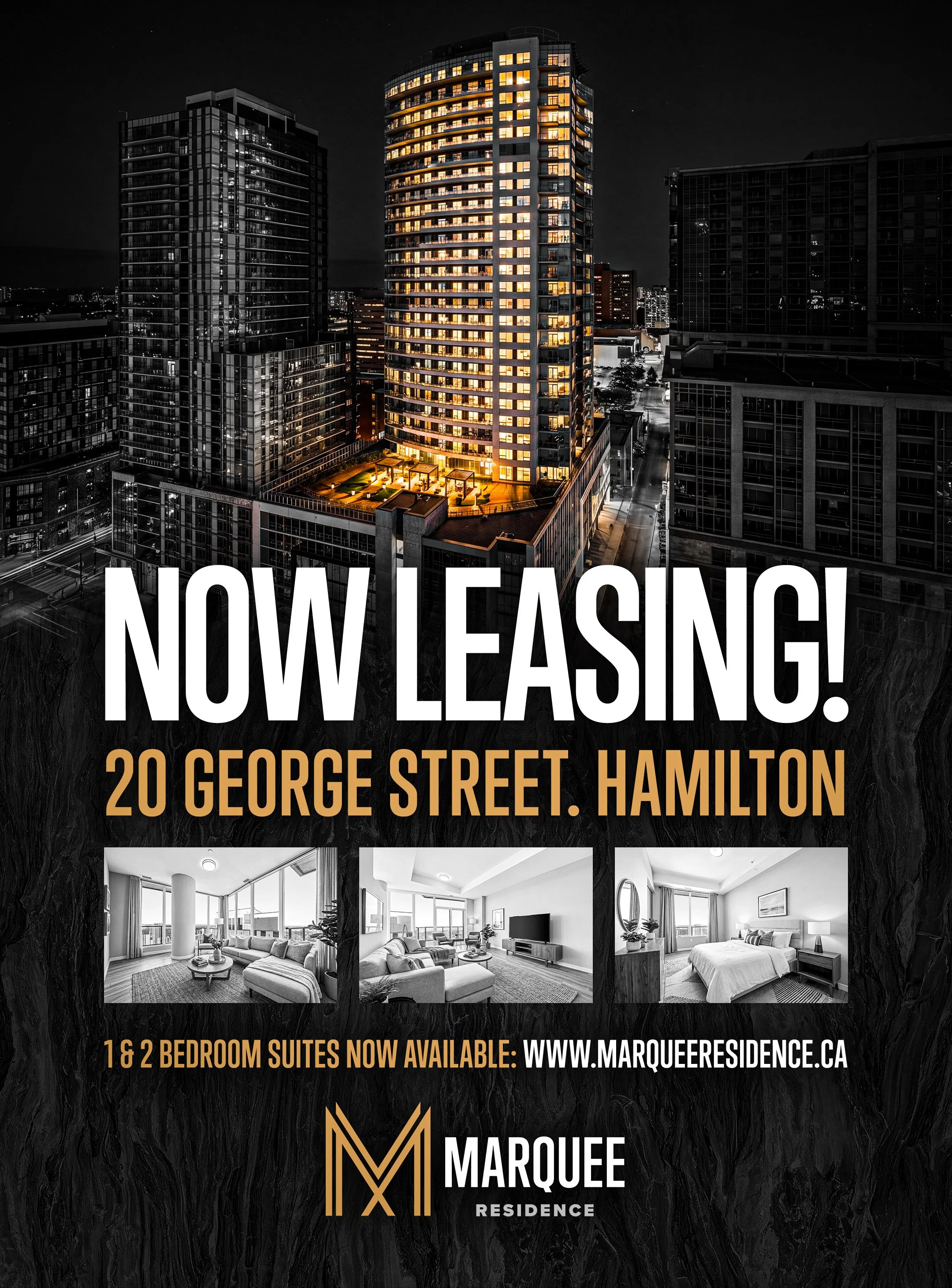 Night view of a high-rise residential building with lit windows, surrounded by other buildings and city lights, with a large overlay text: 'NOW LEASING! 20 GEORGE STREET, HAMILTON'. Smaller images at the bottom showing interior rooms of the apartment