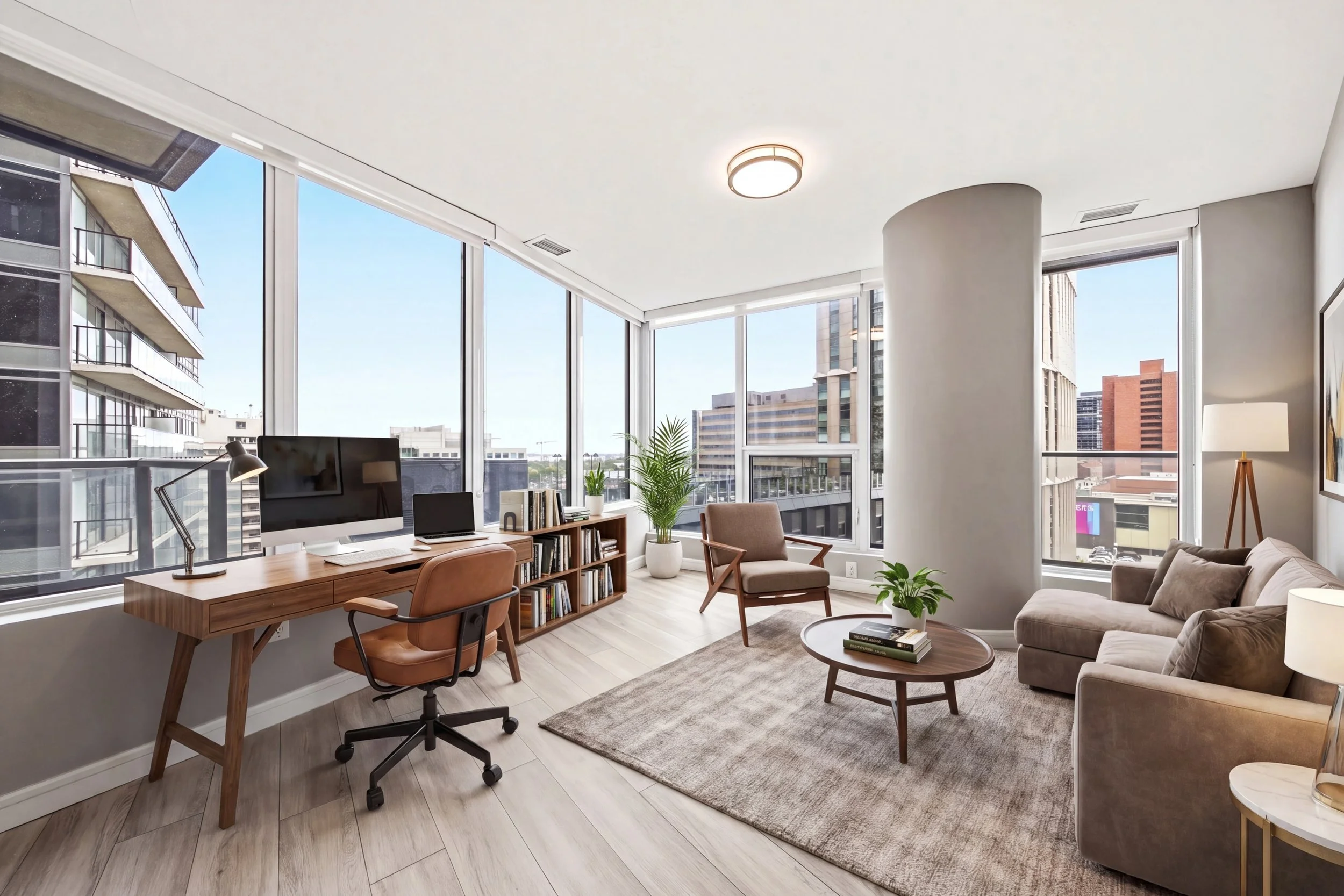Modern high-rise apartment living room with large windows, a wooden desk with a computer, beige chairs, a gray sofa, and plants.