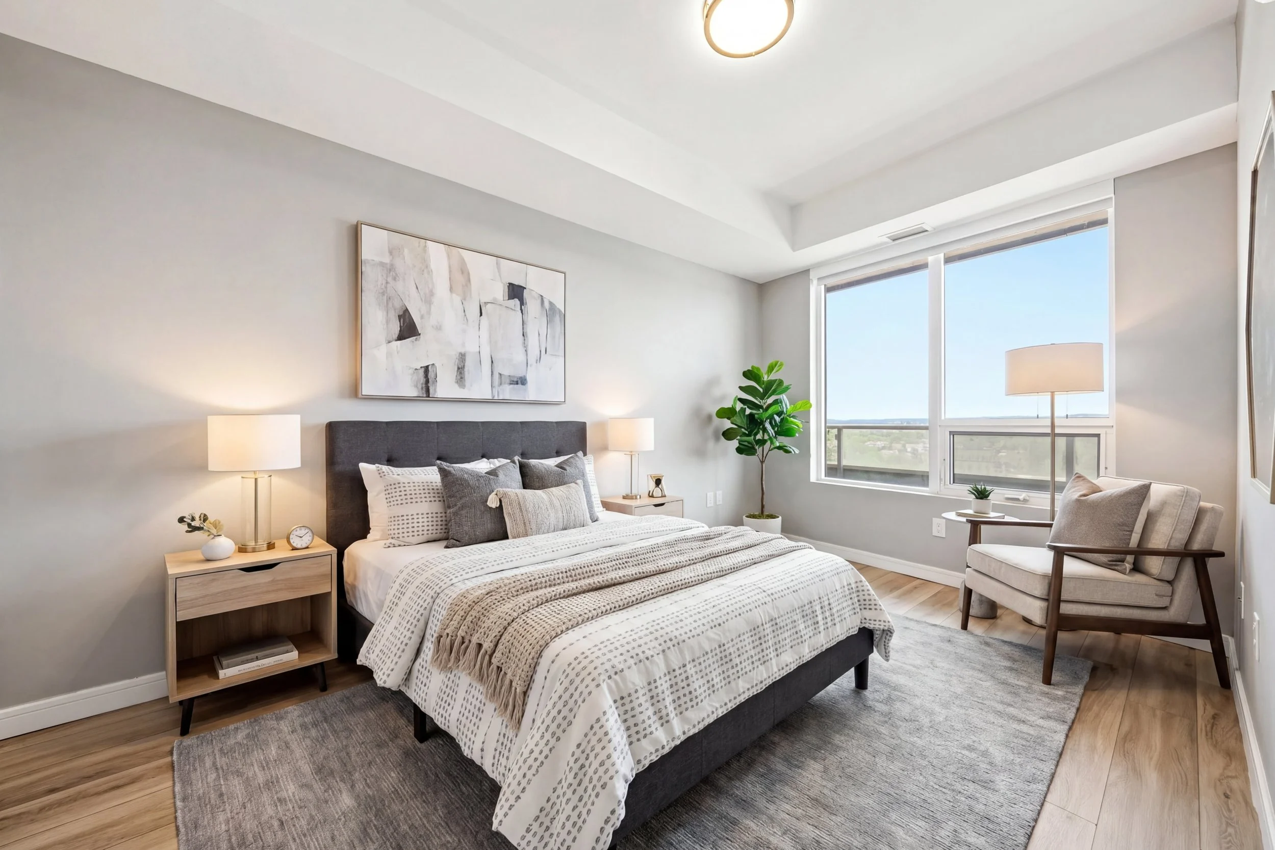 Modern bedroom with large window, gray upholstered bed with white and gray bedding, two bedside lamps, a framed abstract art piece above the bed, a small plant on a side table, nearby armchair with cushion, and wooden flooring with a light gray rug.