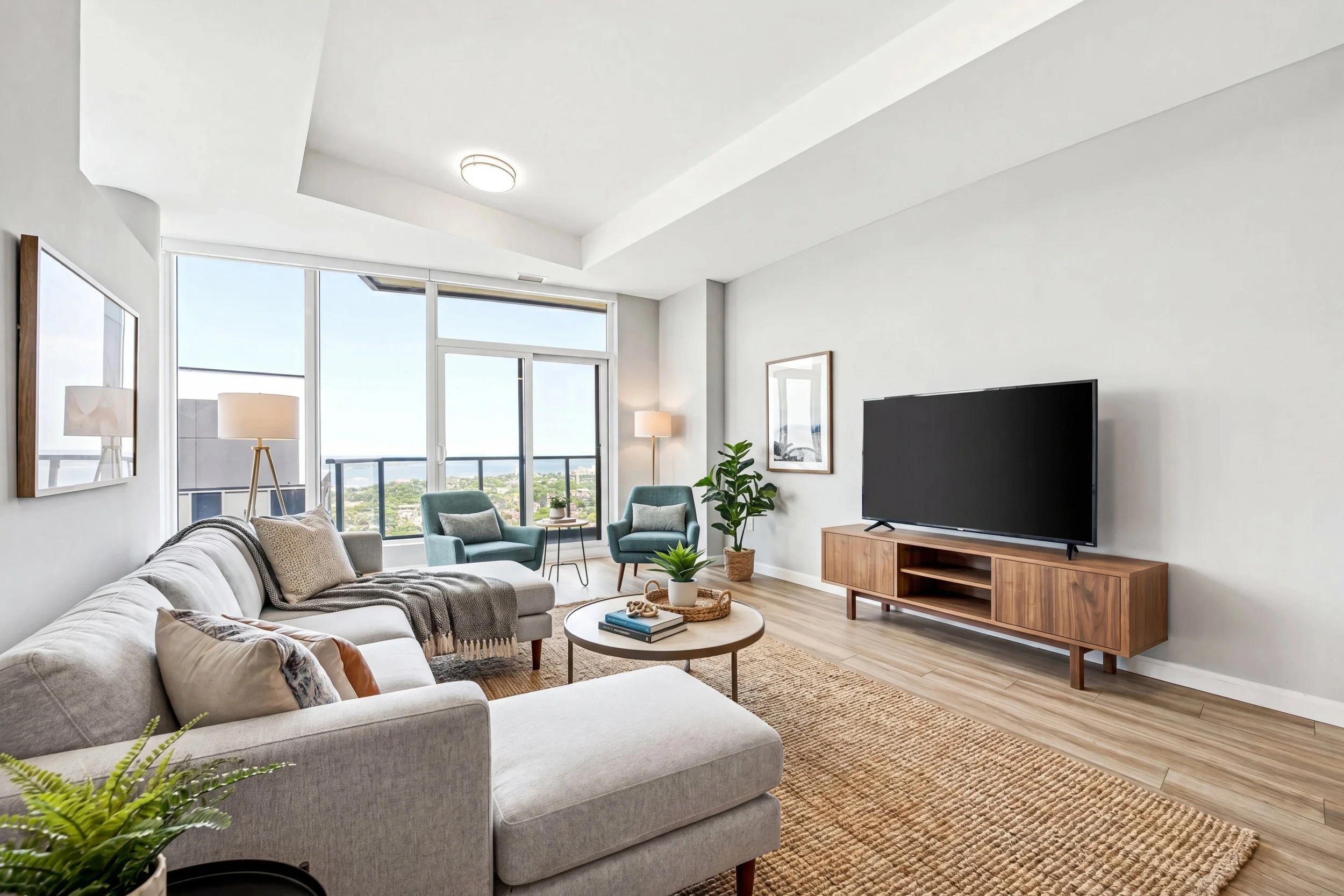 A modern living room with white walls, large windows showing a city view, a gray sofa with cushions, two teal armchairs, a round coffee table, a TV on a wooden stand, potted plants, framed artwork, and floor lamps.