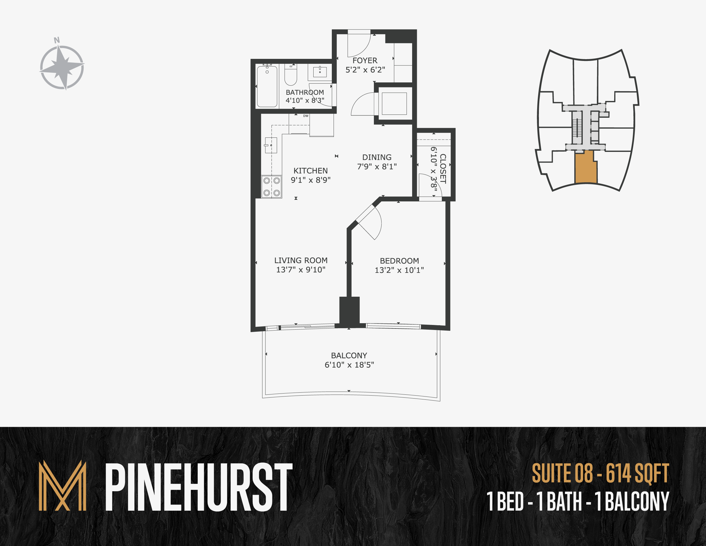 Floor plan layout of a residential apartment showing a living room, kitchen, bedroom, bathroom, foyer, walk-in closet, and balcony with dimensions.