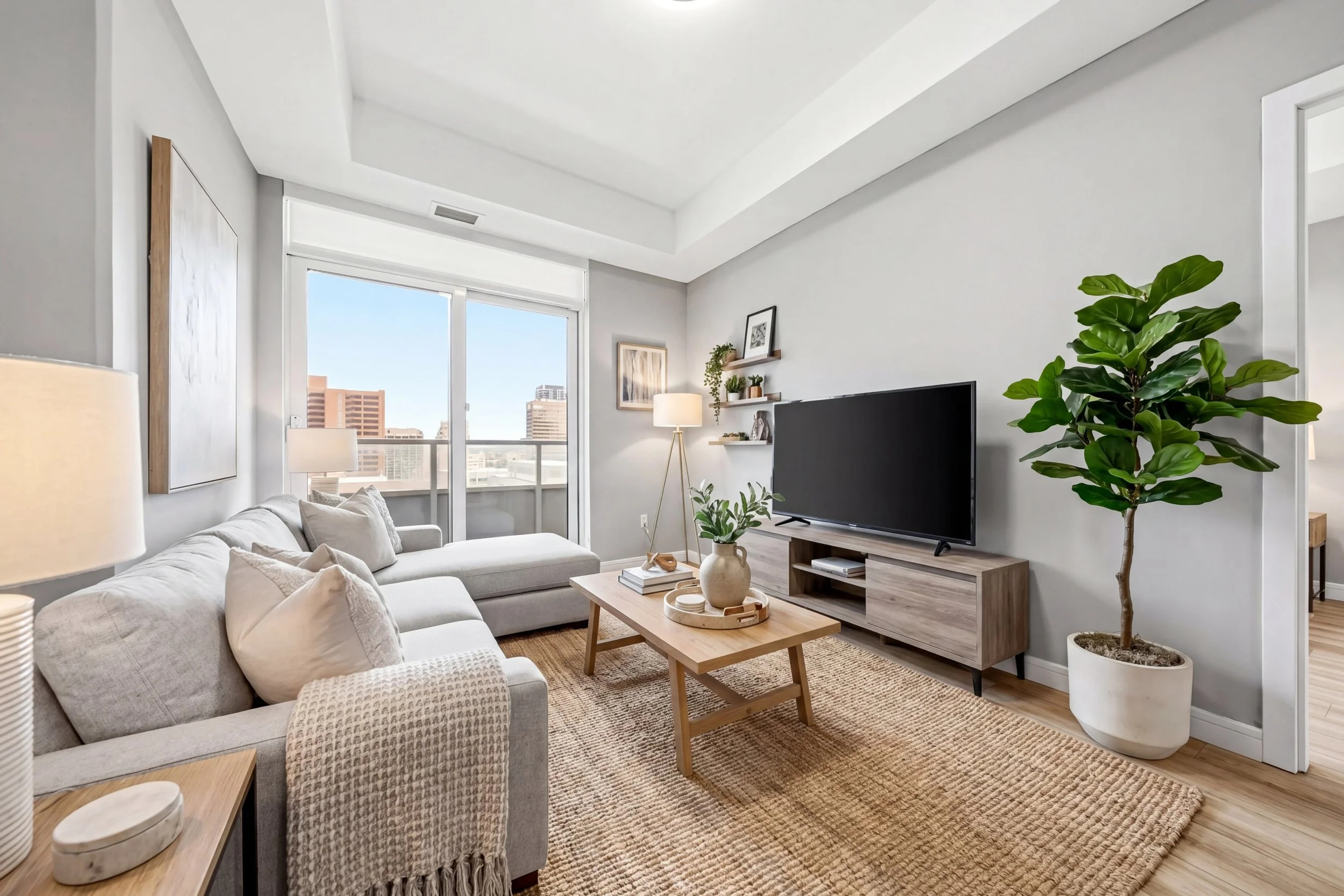 Living room with white sofa, wooden coffee table, large window showing city buildings, potted plant, TV, and wall shelves with framed pictures and plants.
