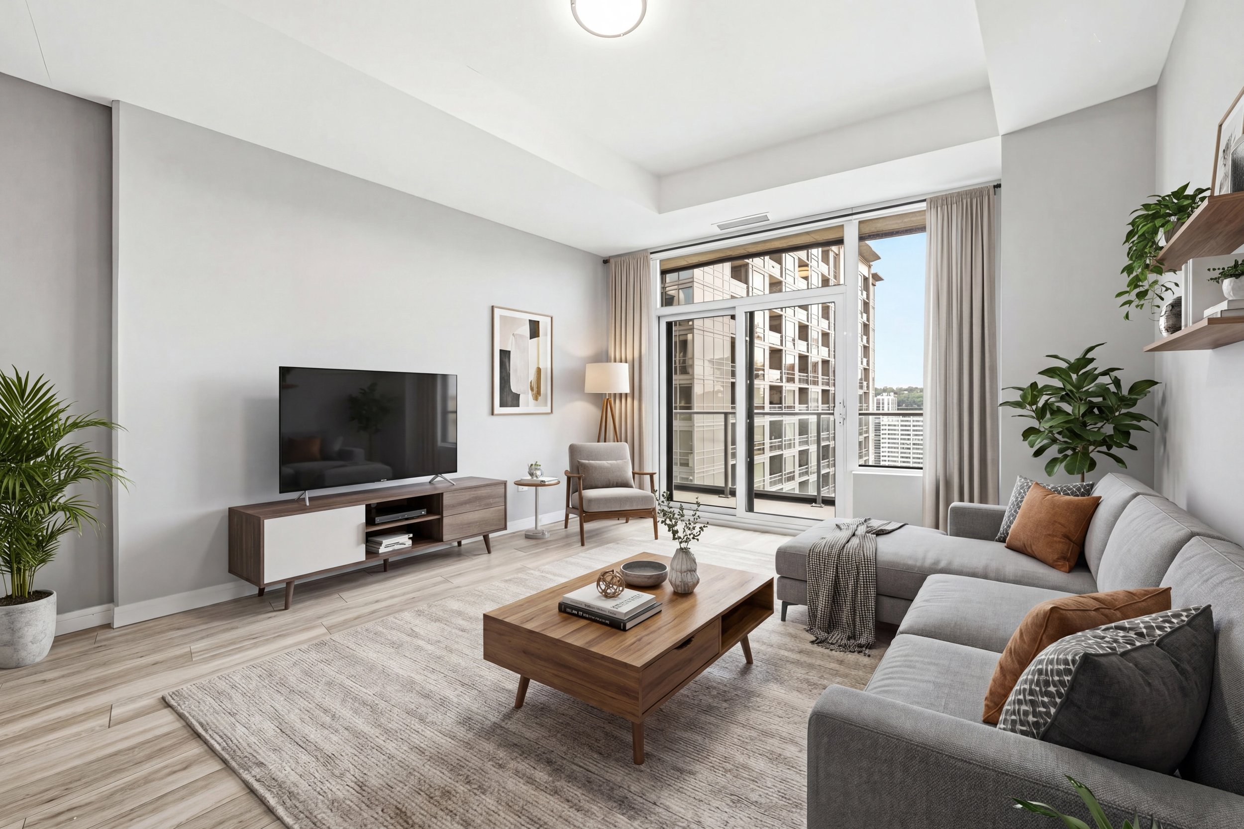 Living room with large window view of city buildings, modern furniture, a flat-screen TV, wooden coffee table, gray sofa with pillows, potted plants, and decorative wall art.