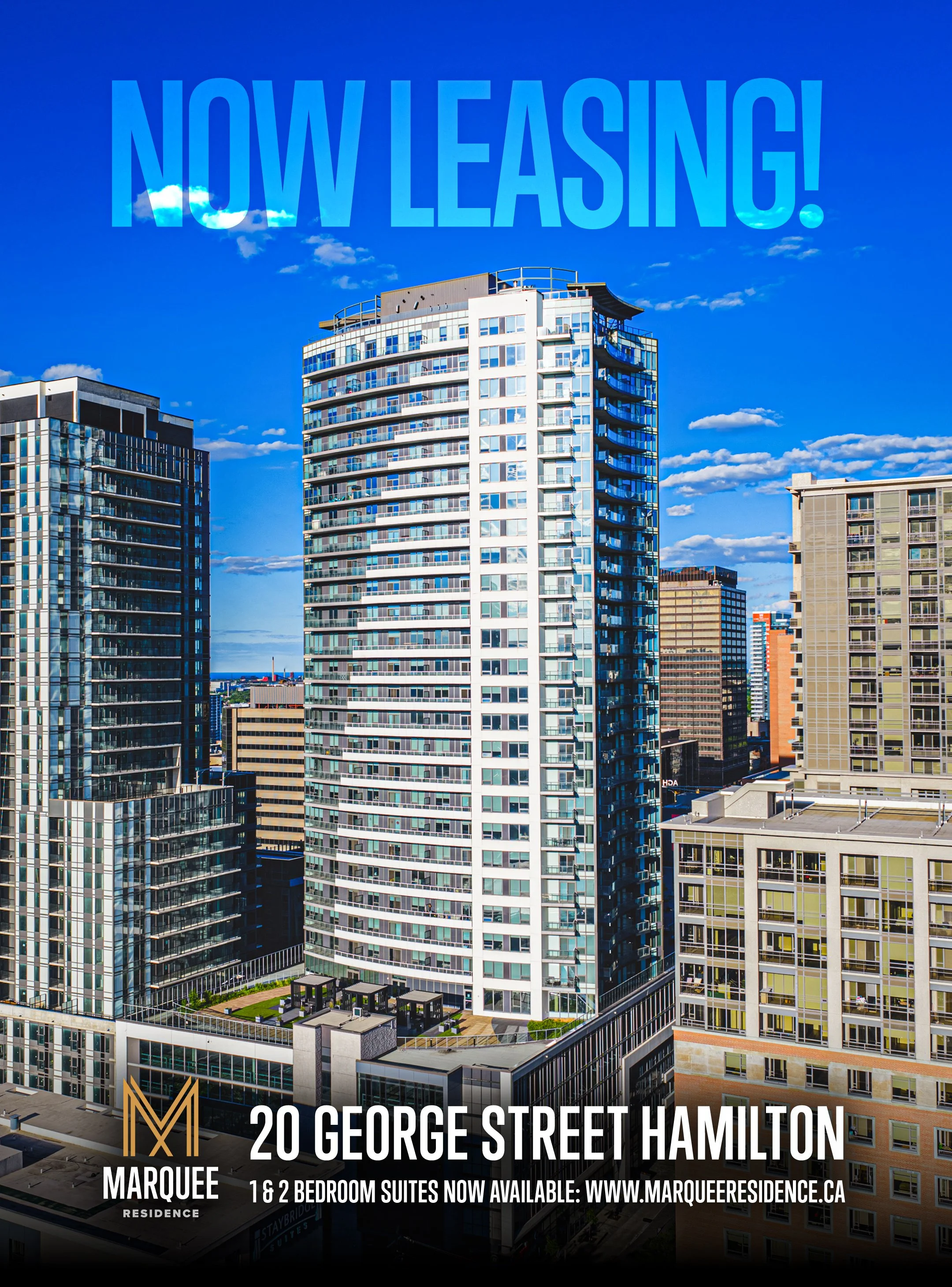 A cityscape with tall modern glass buildings under a blue sky with scattered clouds. Overlaid text promotes available leasing of apartments at 20 George Street, Hamilton, with details about one and two bedroom suites and a website for Marquee Residen