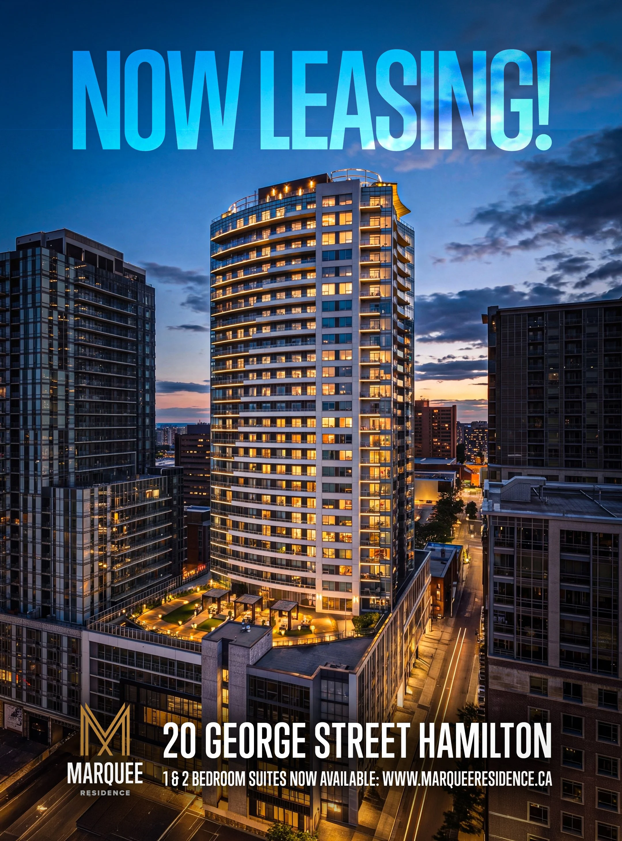A cityscape of tall modern buildings at dusk with lights on in the windows, and a text overlay announcing that apartments at 20 George Street, Hamilton, are now available for lease, with additional details about the property and website.