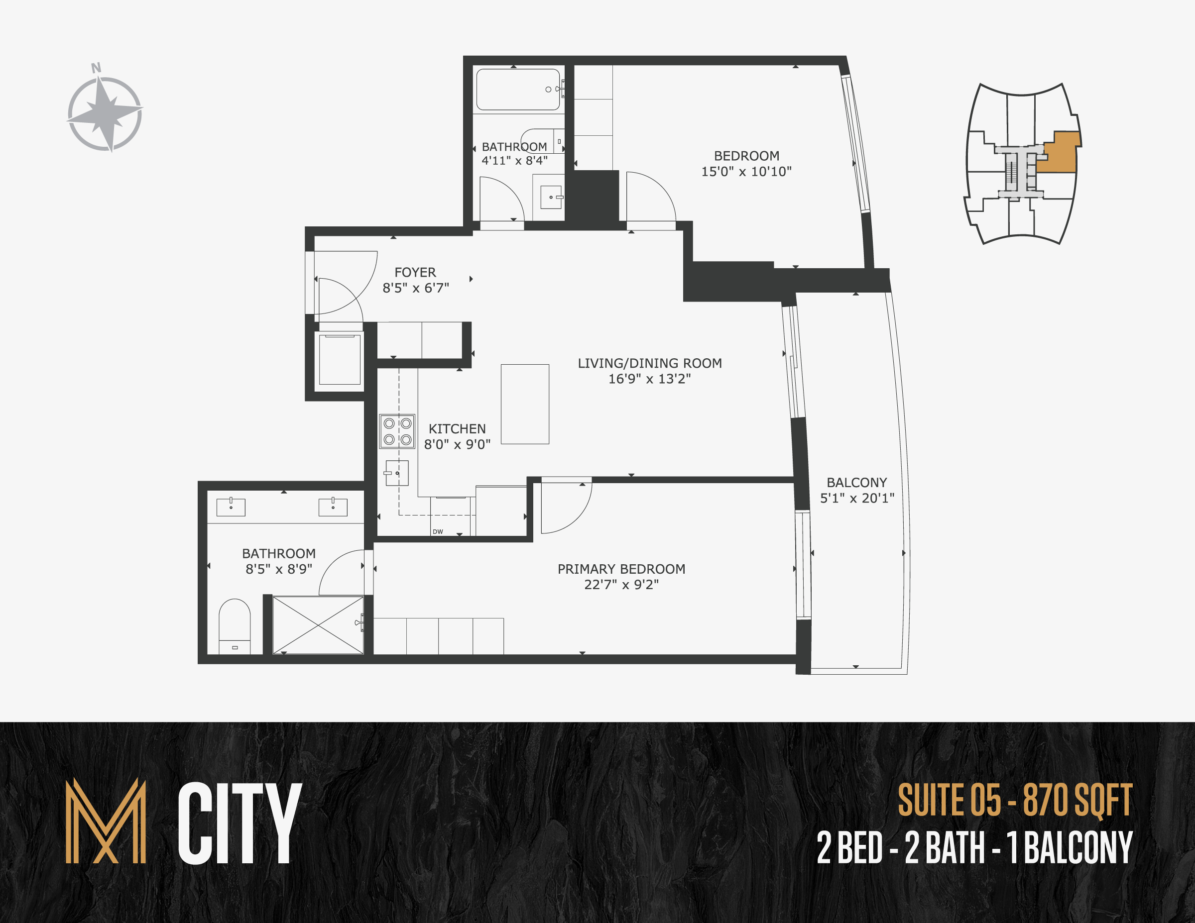 Floor plan layout of an apartment unit, showing rooms such as living/dining room, kitchen, primary bedroom, bathrooms, and balcony, with room dimensions labeled.