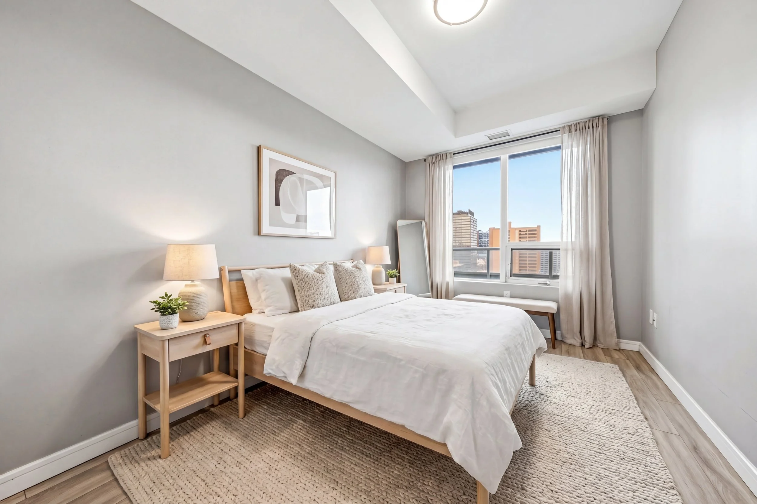 A modern bedroom with a bed, nightstand, table lamp, and artwork, with large windows showing city buildings outside.