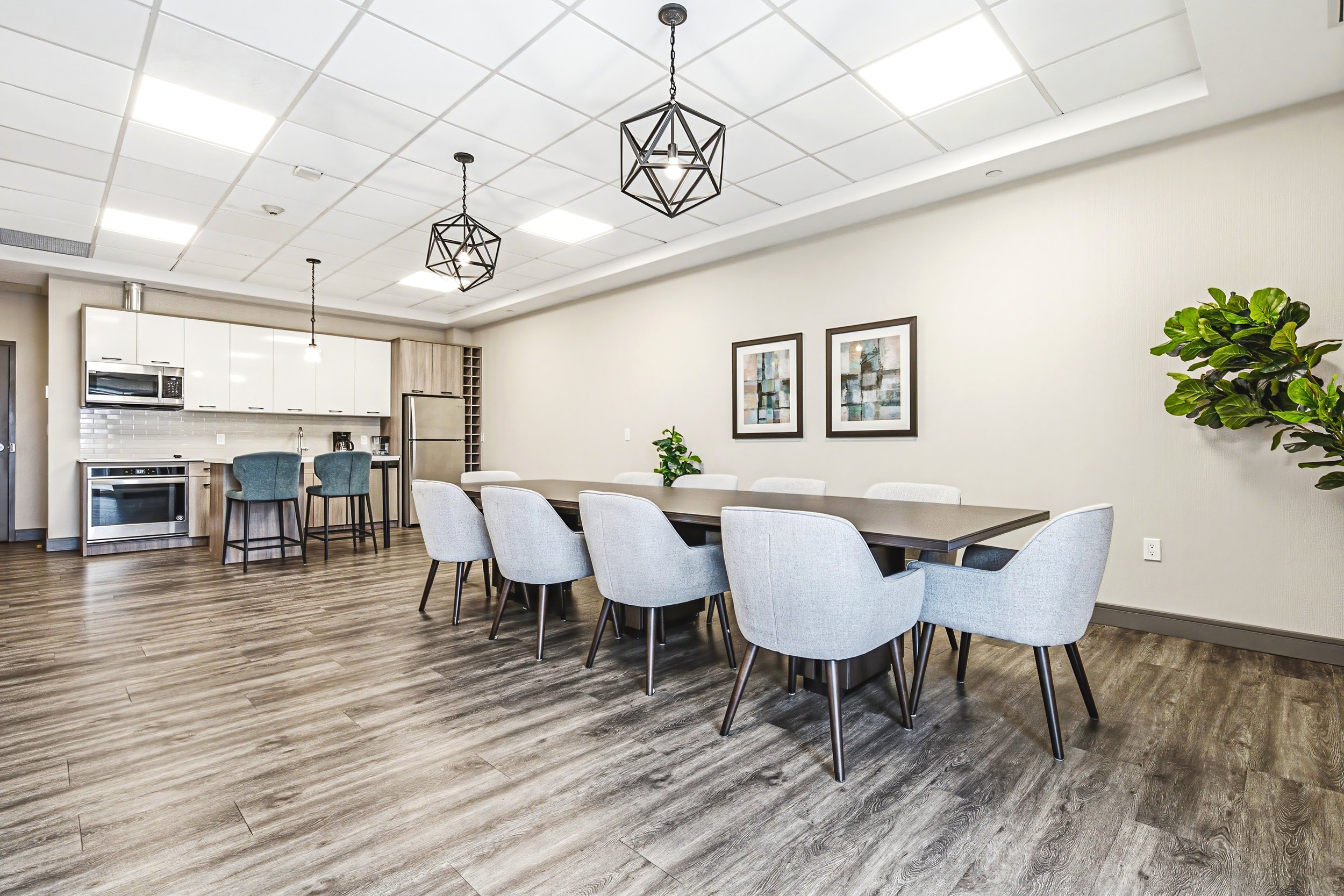 A modern meeting room with a long table surrounded by light gray chairs, decorated with framed abstract artwork, and illuminated by hanging geometric pendant lights. The room has wood-patterned flooring and a neutral color scheme with plants for deco