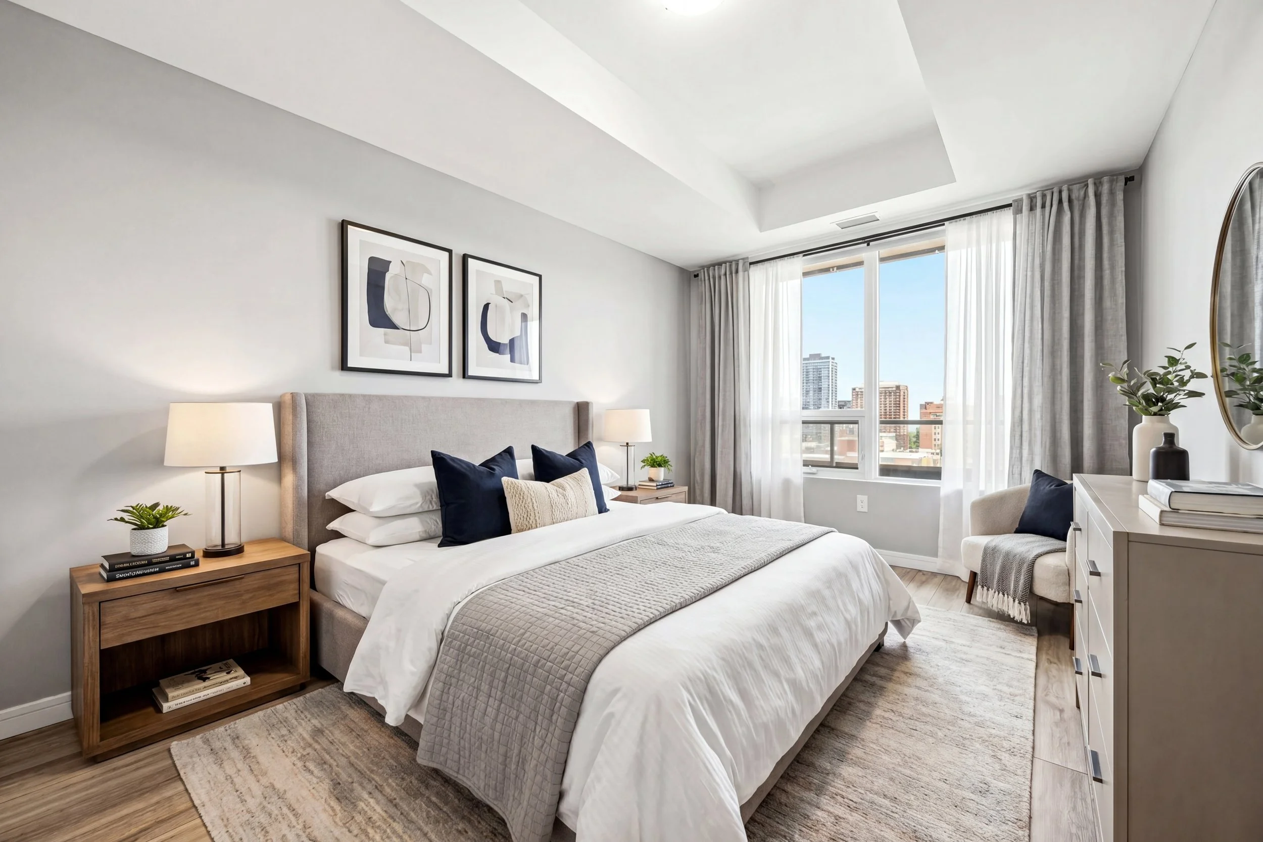 Modern bedroom with neutral tones, featuring a bed with white bedding and navy pillows, wooden nightstand with books and a small potted plant, abstract art on the wall, large window with sheer white curtains, and cityscape view outside.