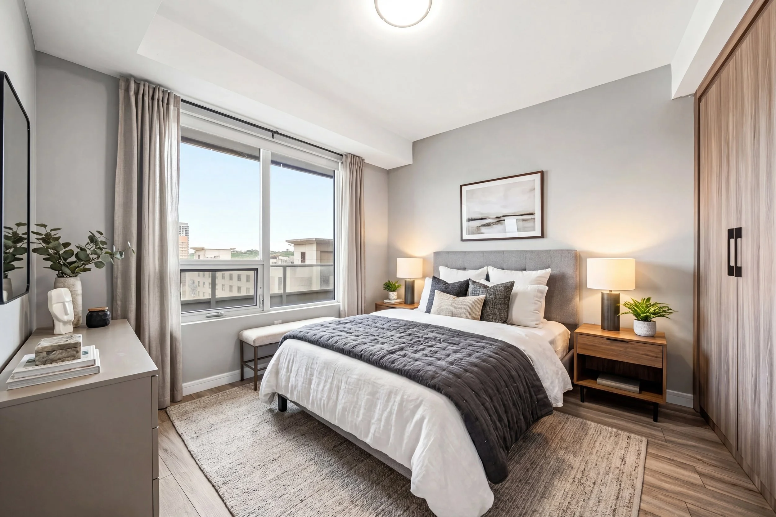 A modern bedroom with a large window, gray and white bedding, and minimalistic decor including lamps, plants, and artwork.